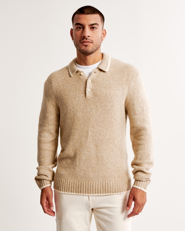 Fuzzy Long-Sleeve 3-Button Sweater Polo, Cream