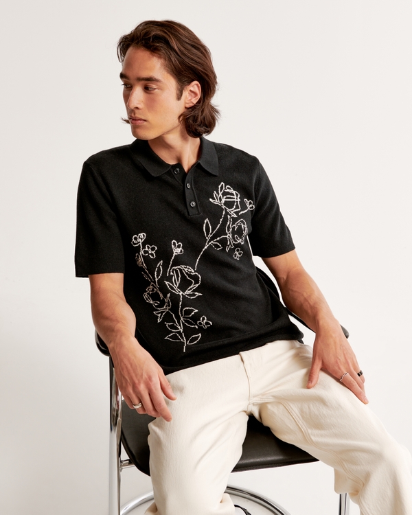 Floral 3-Button Sweater Polo, Black Pattern