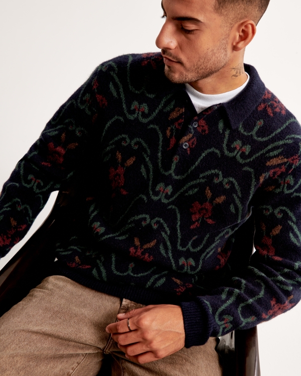 Fuzzy Pattern Long-Sleeve 3-Button Sweater Polo, Navy Pattern