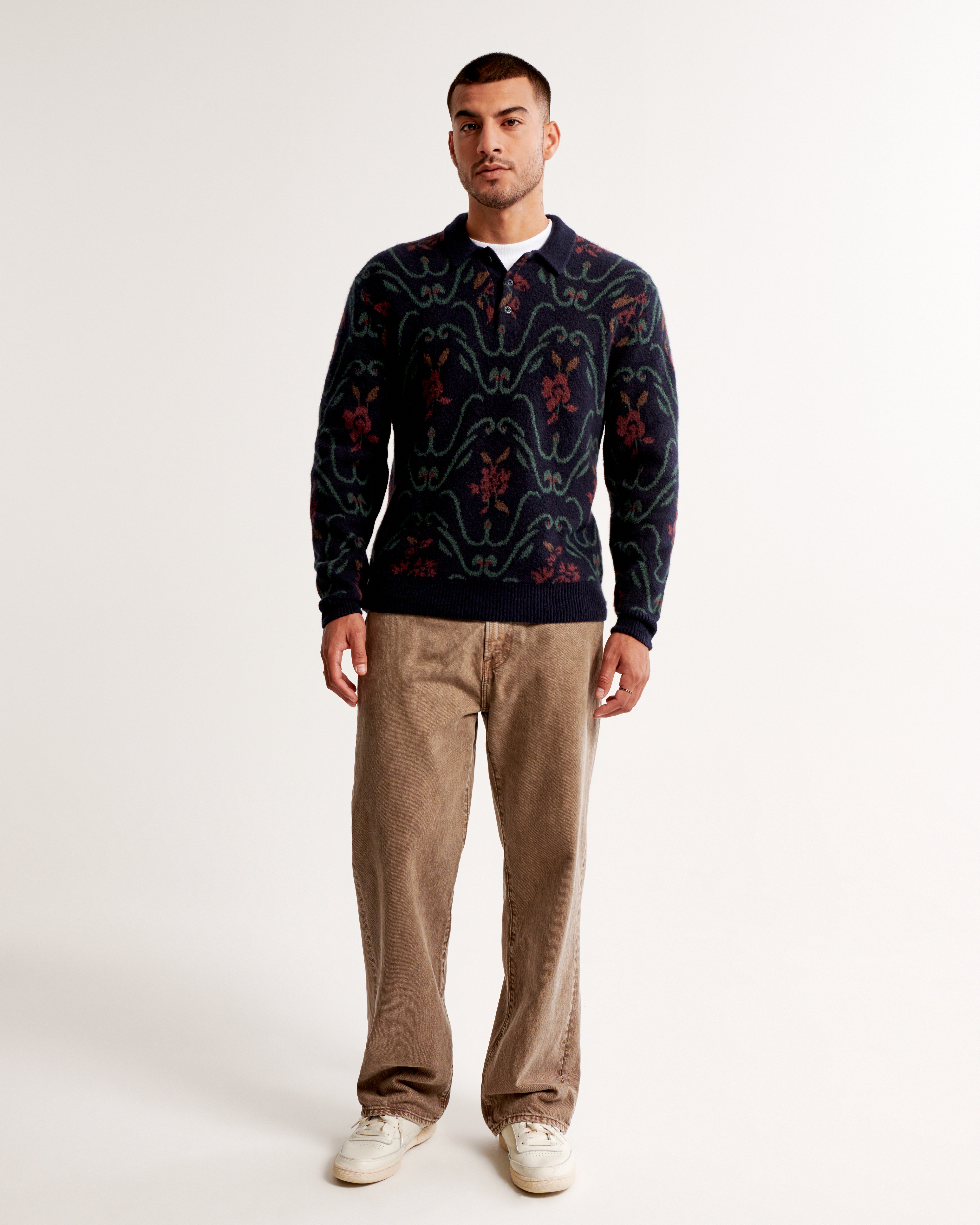 Fuzzy Pattern Long-Sleeve 3-Button Sweater Polo