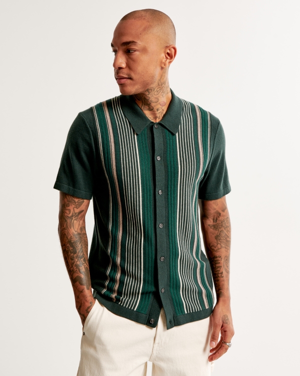 Striped Button-Through Sweater Polo, Green Stripe