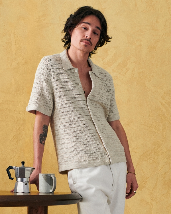 Crochet-Style Button-Through Sweater Polo, Cream