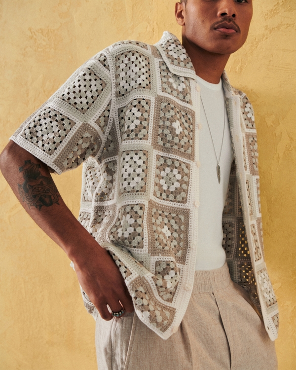 Crochet-Style Pattern Button-Through Sweater Polo, Taupe Pattern