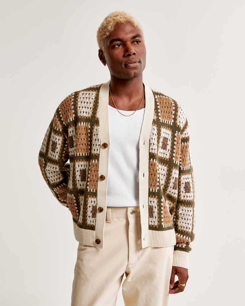 Men's Crochet-Style Cropped Cardigan in Light Brown Pattern | Size M | Abercrombie & Fitch