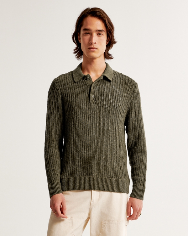 Long-Sleeve 3-Button Sweater Polo, Green