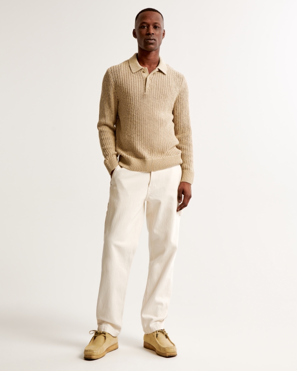 Long-Sleeve 3-Button Sweater Polo, Tan