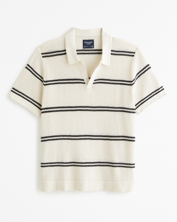 Open Stitch Johnny Collar Sweater Polo, Warm Beige Stripe