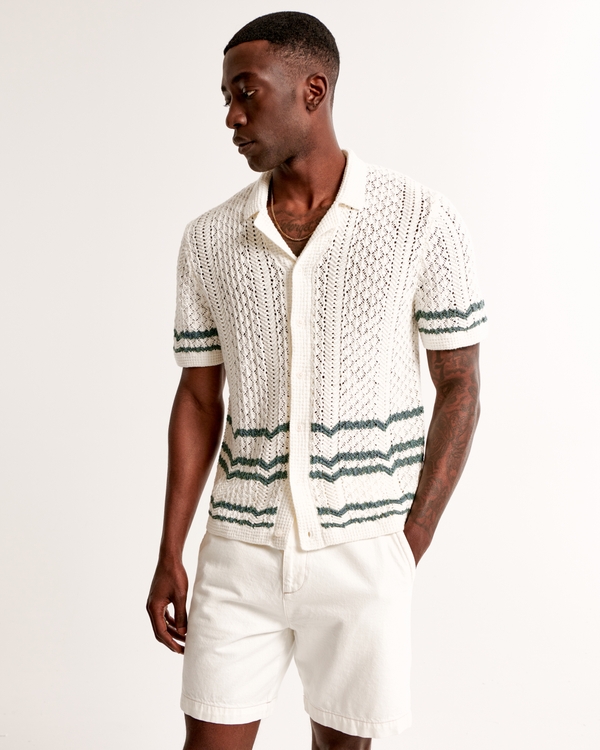 Striped Crochet-Style Stitch Button-Through Sweater Polo, White Stripe
