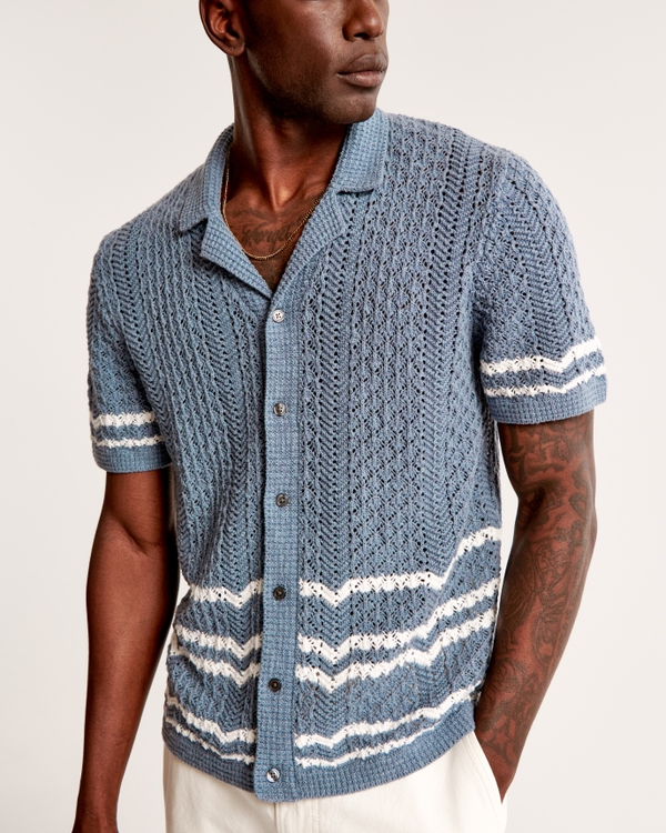 Striped Crochet-Style Stitch Button-Through Sweater Polo, Cool Slate Stripe
