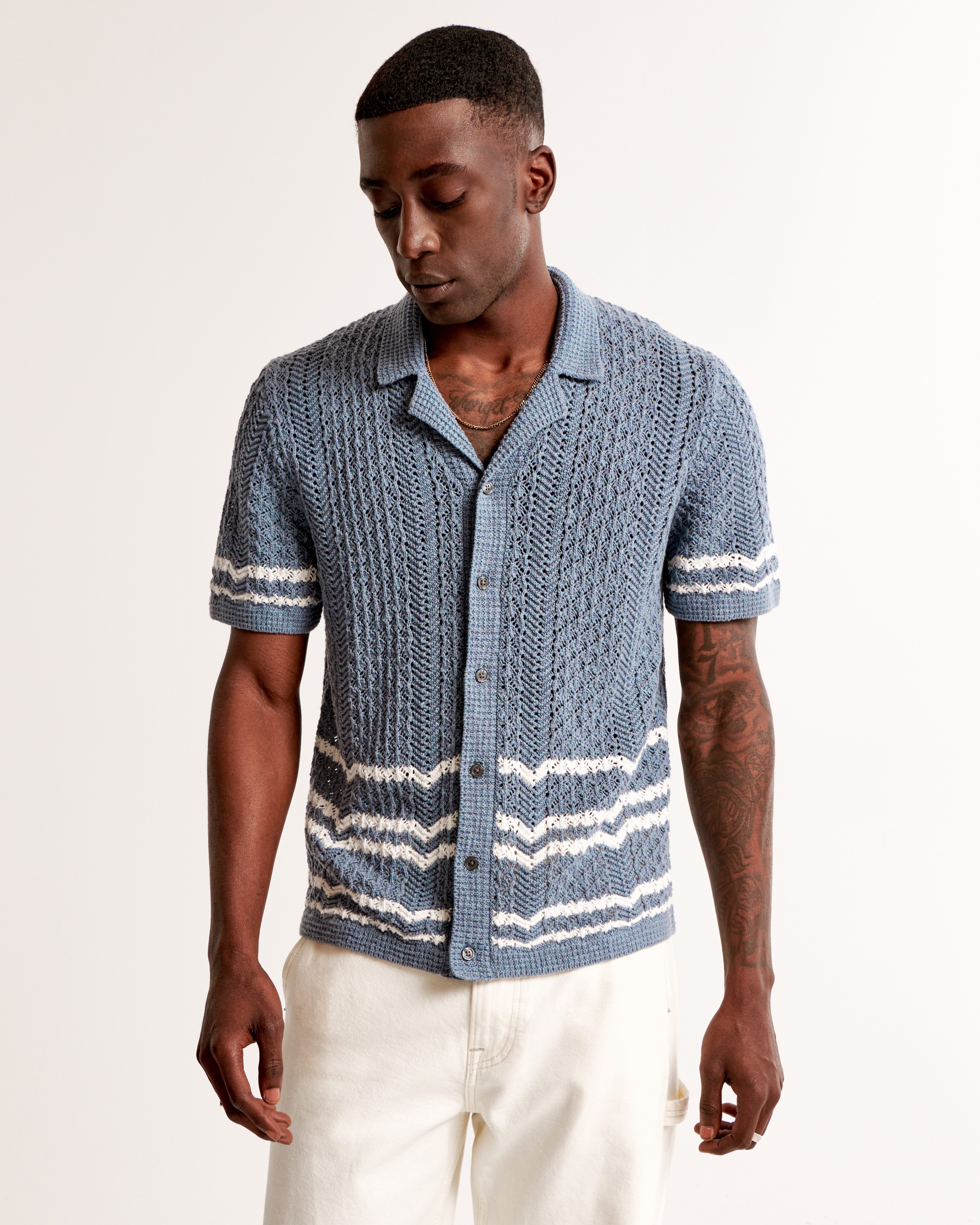 Мужские свитеры Abercrombie & Fitch Striped Crochet-Style Stitch Button-Through Sweater Polo — фото 3