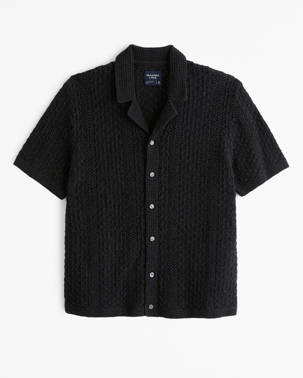 Open Stitch Button-Through Sweater Polo, Black