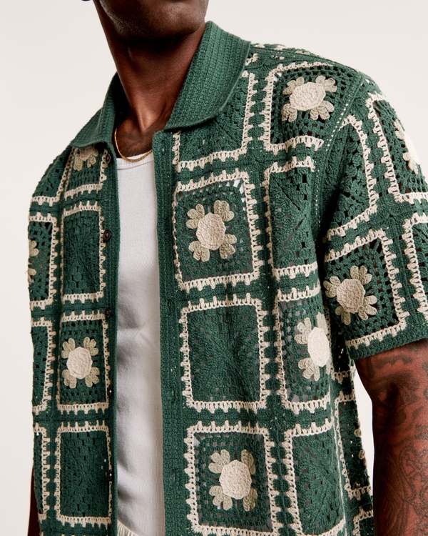 Crochet-Style Button-Through Sweater Polo, Green Pattern