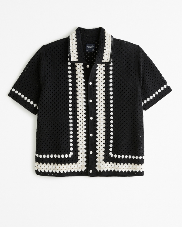 Crochet-Style Button-Through Sweater Polo, Black