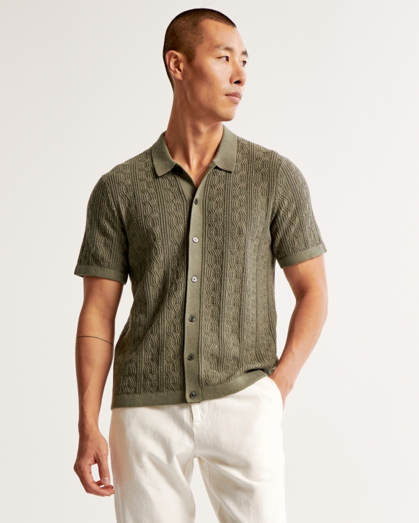 Stitch Button-Through Sweater Polo, Olive Green
