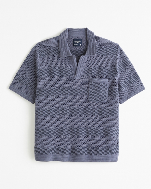 Striped Stitched Johnny Collar Sweater Polo, Blue Stripe