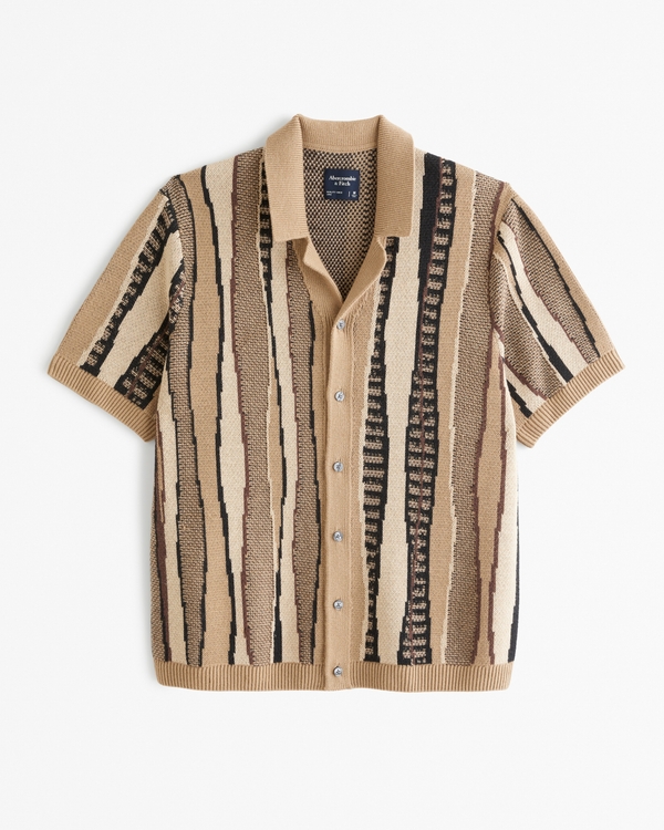 Jacquard Striped Button-Through Sweater Polo, Brown Stripe
