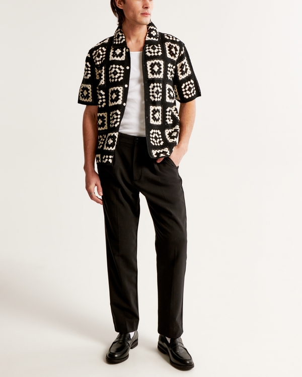 Crochet-Style Pattern Button-Through Sweater Polo, Black Pattern