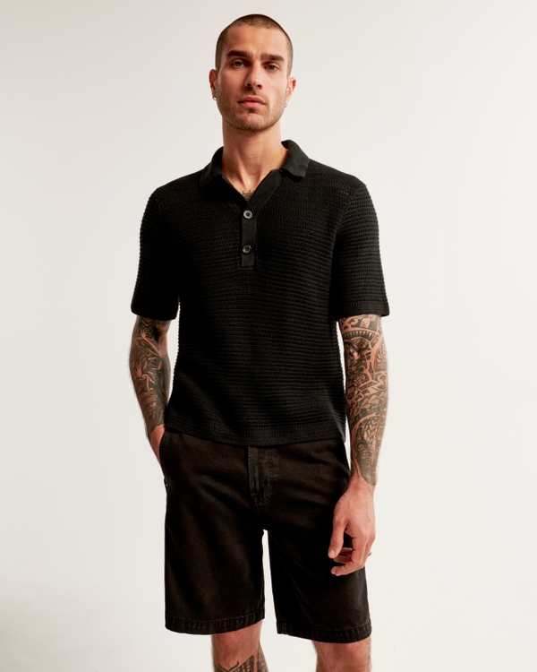 Two-Button Camp Collar Sweater Polo, Black