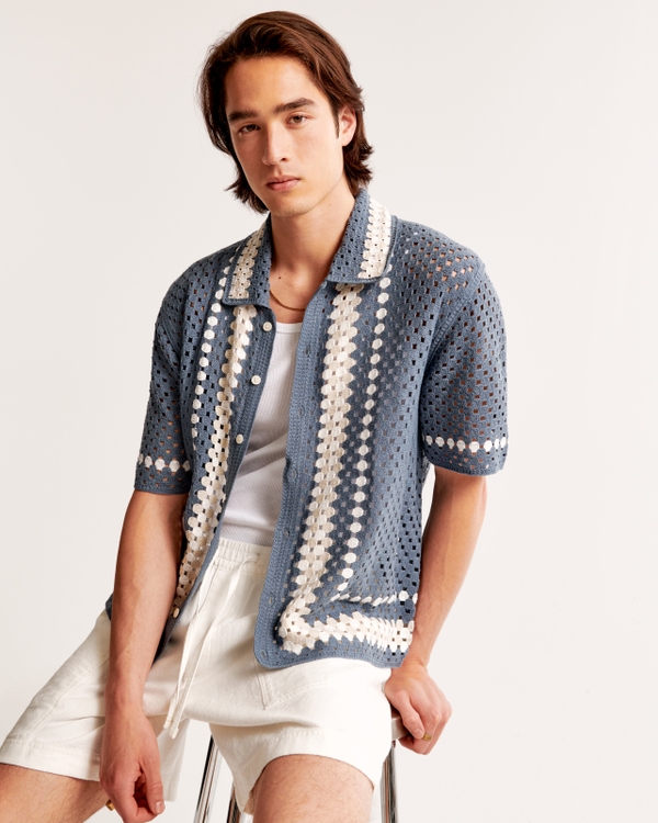 Crochet-Style Button-Through Sweater Polo, Blue Pattern