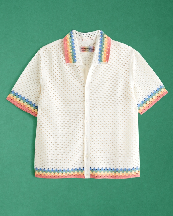 Pride Crochet-Style Button-Through Sweater Polo, White Pattern
