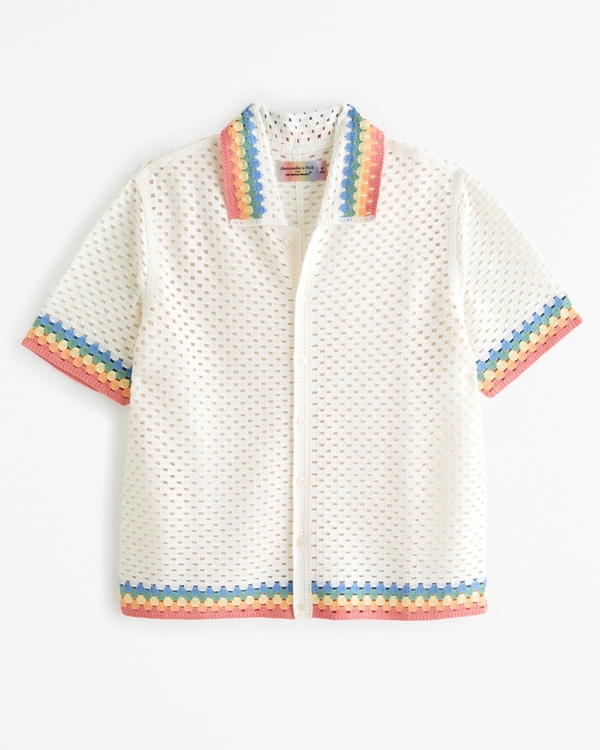 Pride Crochet-Style Button-Through Sweater Polo, White Pattern