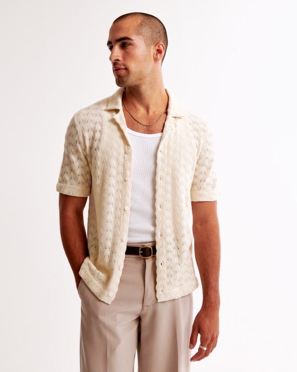 Textured Knit Button-Through Sweater Polo, Cream Pattern