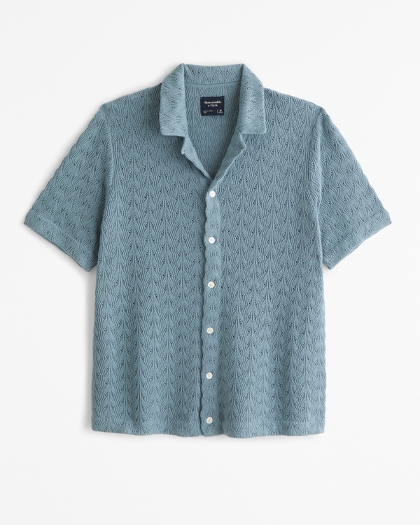 Textured Knit Button-Through Sweater Polo, Blue Pattern