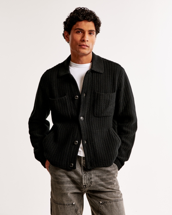 Cropped Stitched Sweater Shirt Jacket, Black