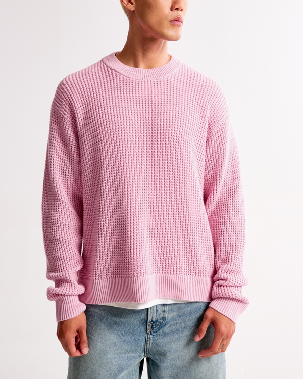 Oversized Waffle Crew Sweater, Pink view 1