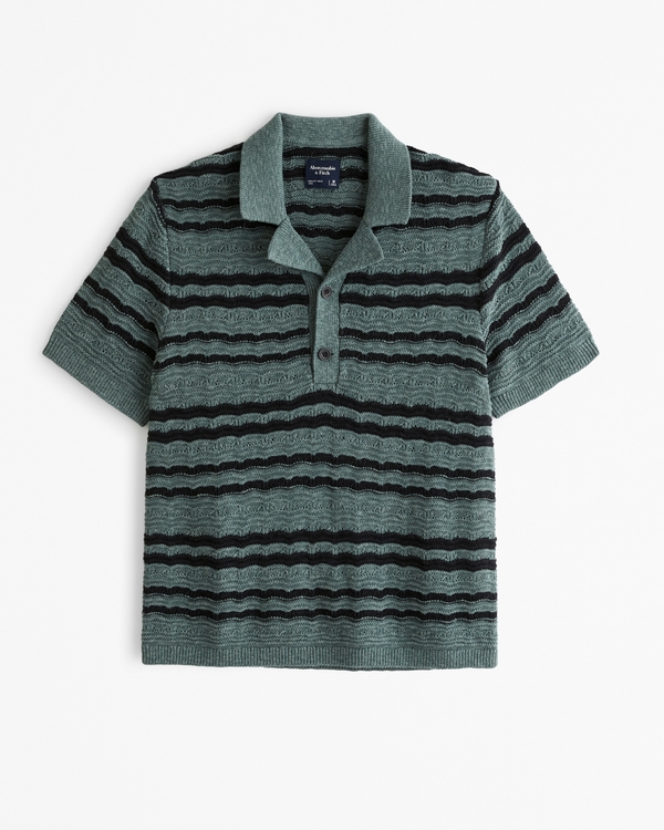 Camp Collar Cropped 2-Button Sweater Polo, Green Stripe