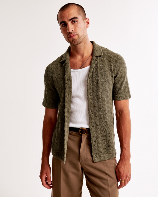 Textured Knit Button-Through Sweater Polo, Olive Green Pattern