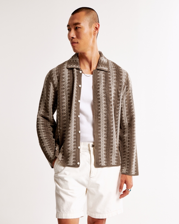 Knitted Crochet-Style Shirt, Brown Stripe
