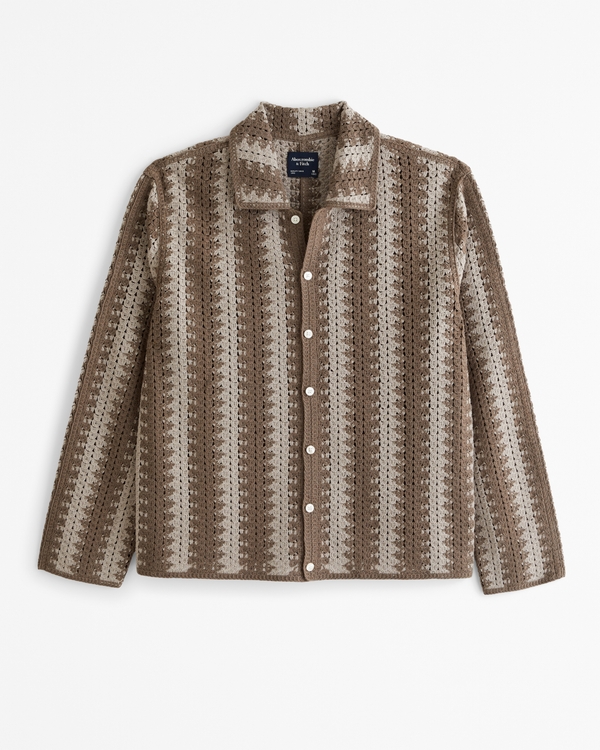 Knitted Crochet-Style Shirt, Brown Stripe