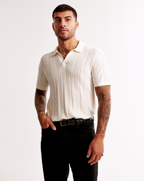 Cable Stitch Johnny Collar Sweater Polo, White