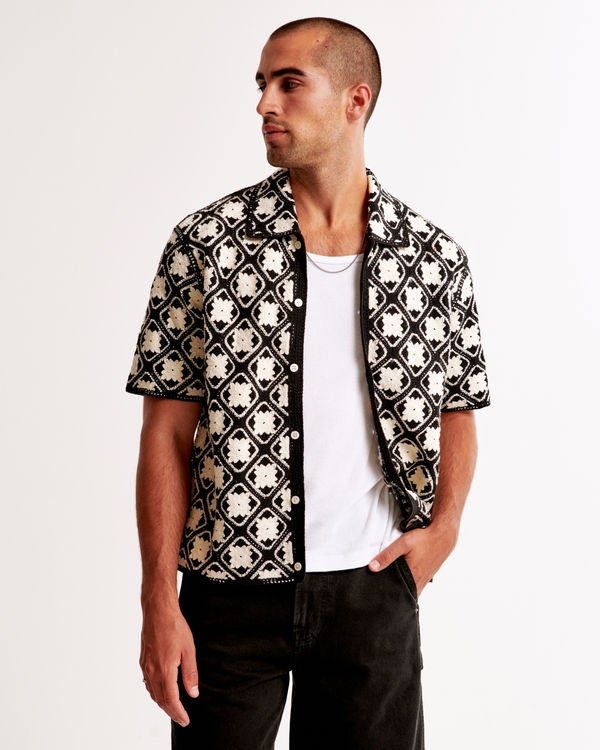 Abercrombie & Fitch, Crochet-Style Pattern Button-Through Sweater Polo