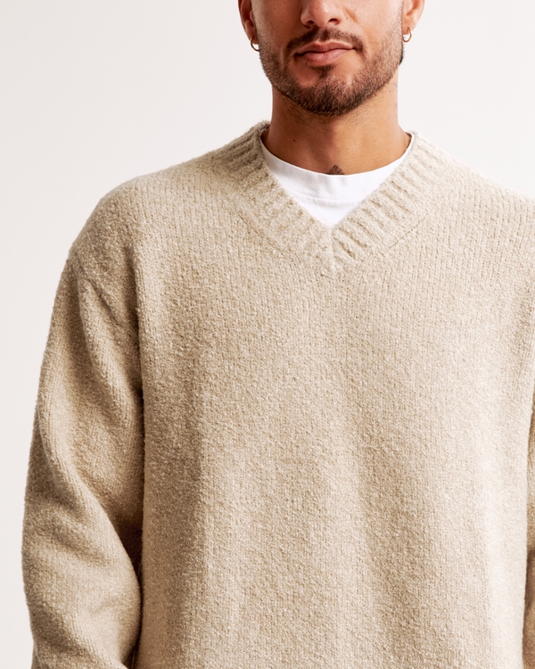 Oversized Boucle V-Neck Sweater, Beige