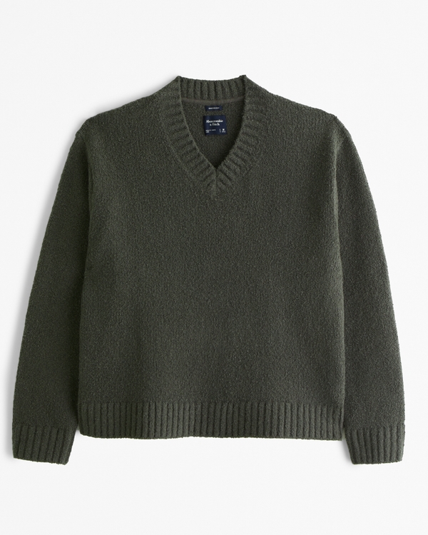 Oversized Boucle V-Neck Sweater, Ivy Green