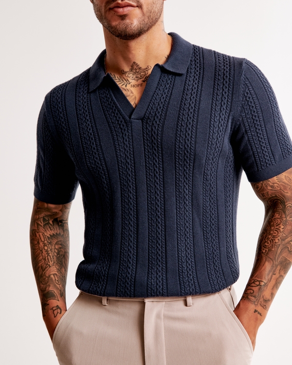 Cable Stitch Johnny Collar Sweater Polo, Dark Indigo
