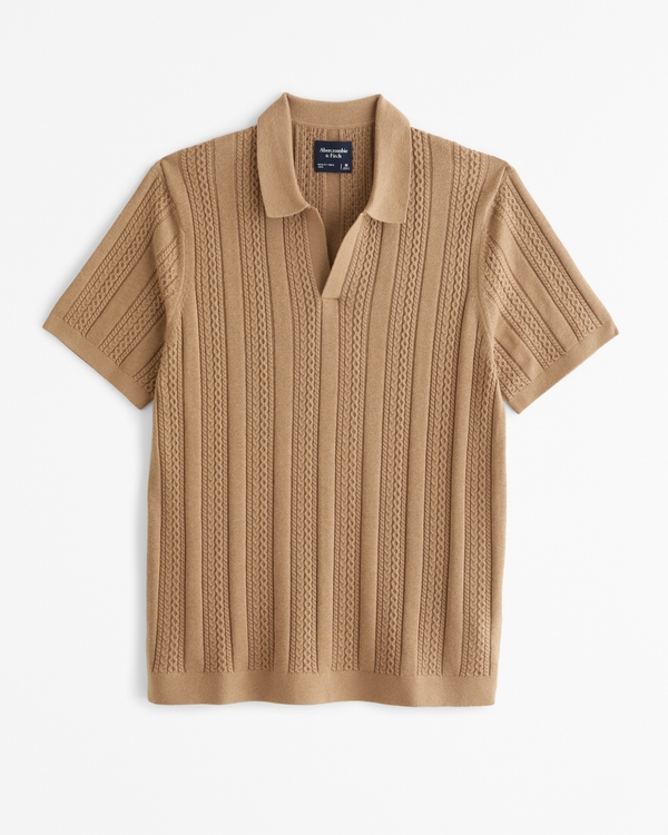 Cable Stitch Johnny Collar Sweater Polo, Caramel