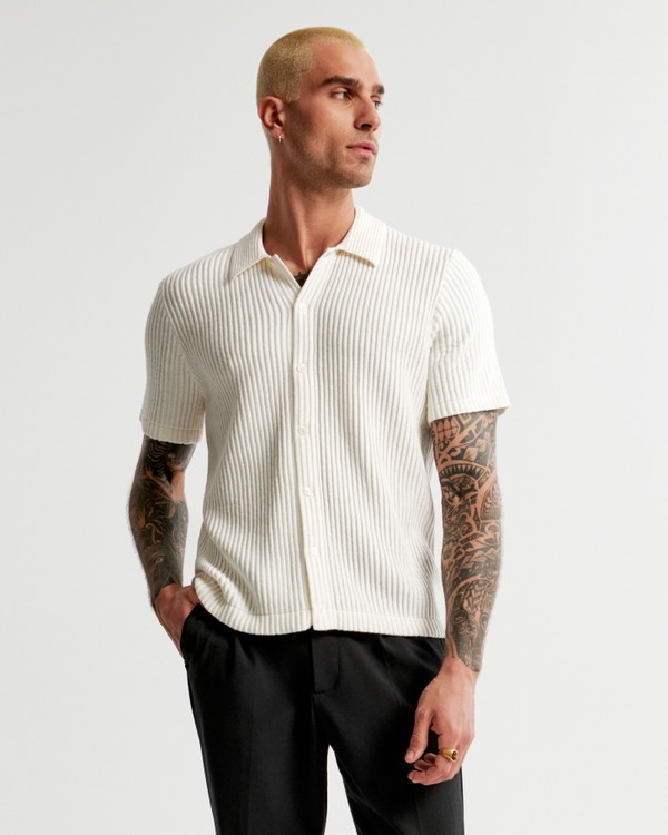 Plisse Button-Through Sweater Polo, White