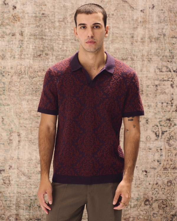 Jacquard Pattern Johnny Collar Sweater Polo, Red Pattern