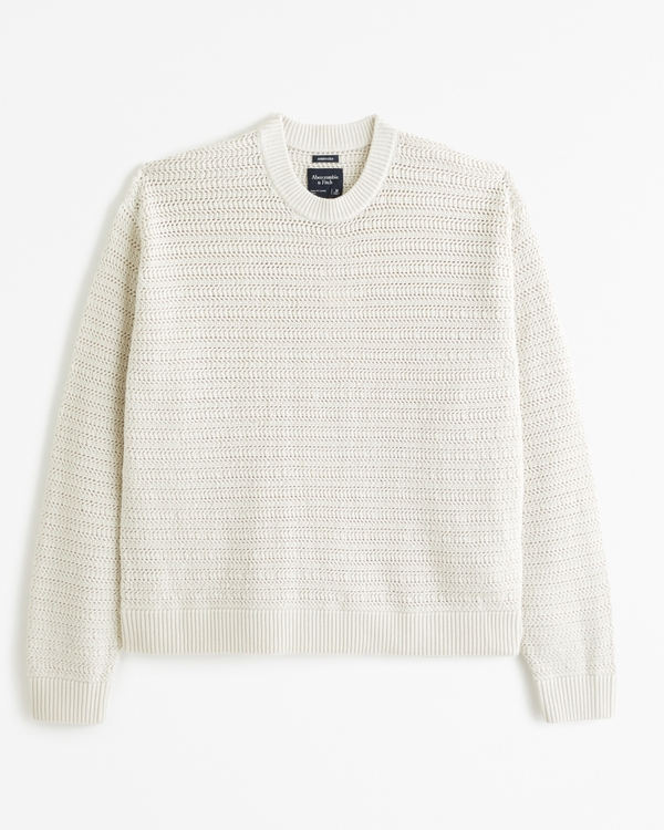 Oversized Stitchy Crew Sweater, Cream