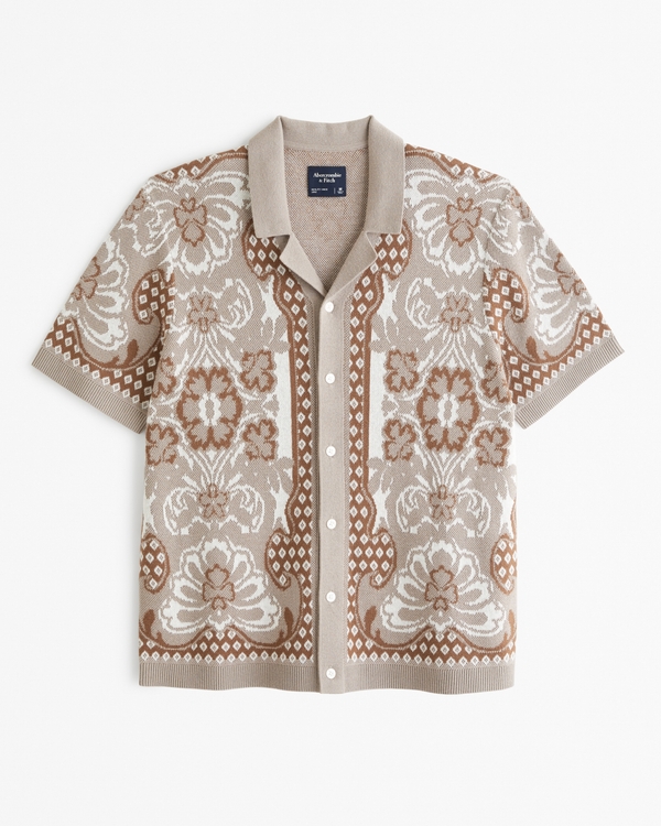 Jacquard Floral Button-Through Sweater Polo, Taupe Pattern