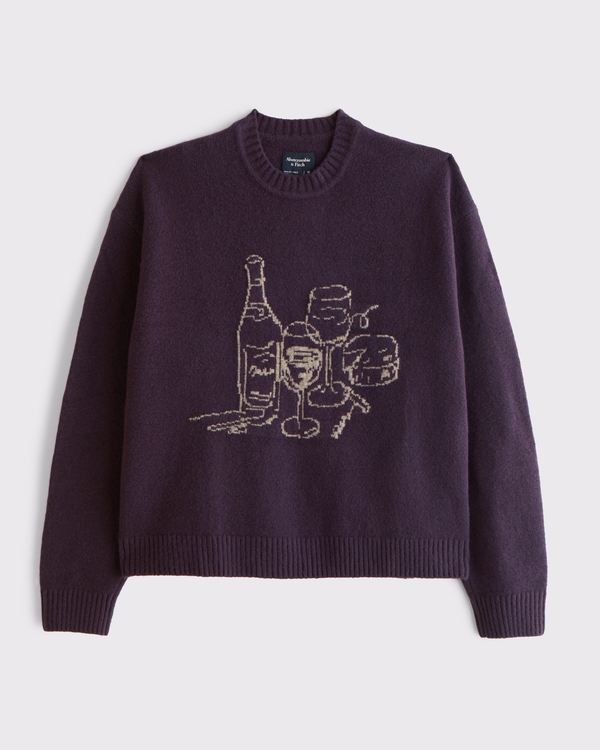 Oversized Pattern Crew Sweater, Deep Purple