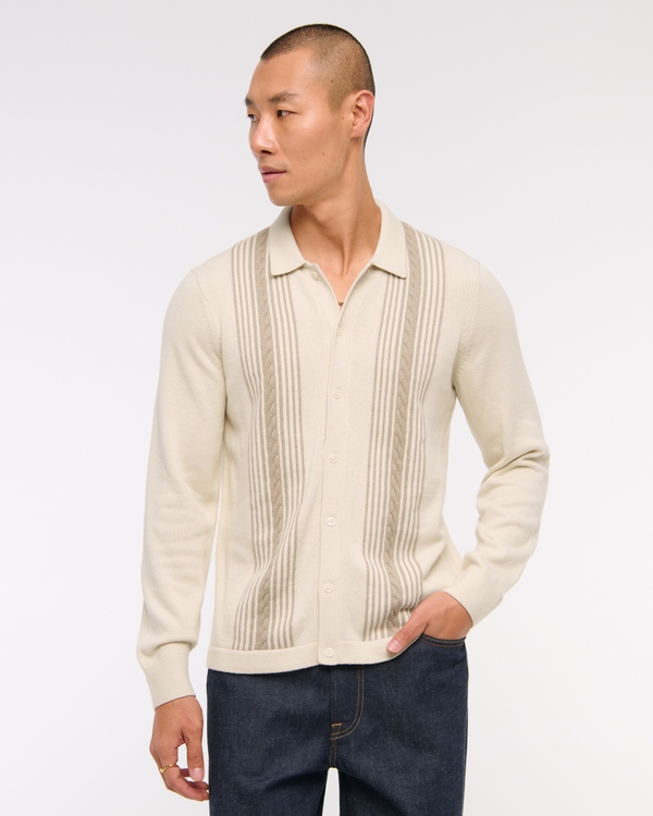 Long-Sleeve Striped Button-Through Sweater Polo, Cream Stripe