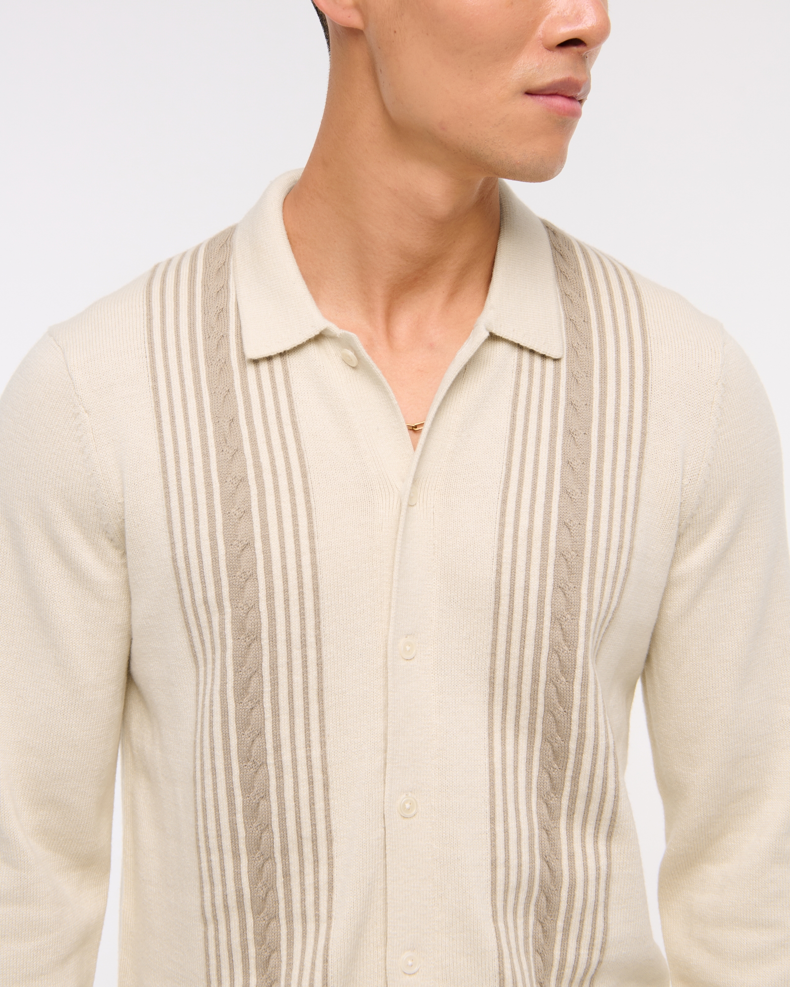 Long-Sleeve Striped Button-Through Sweater Polo