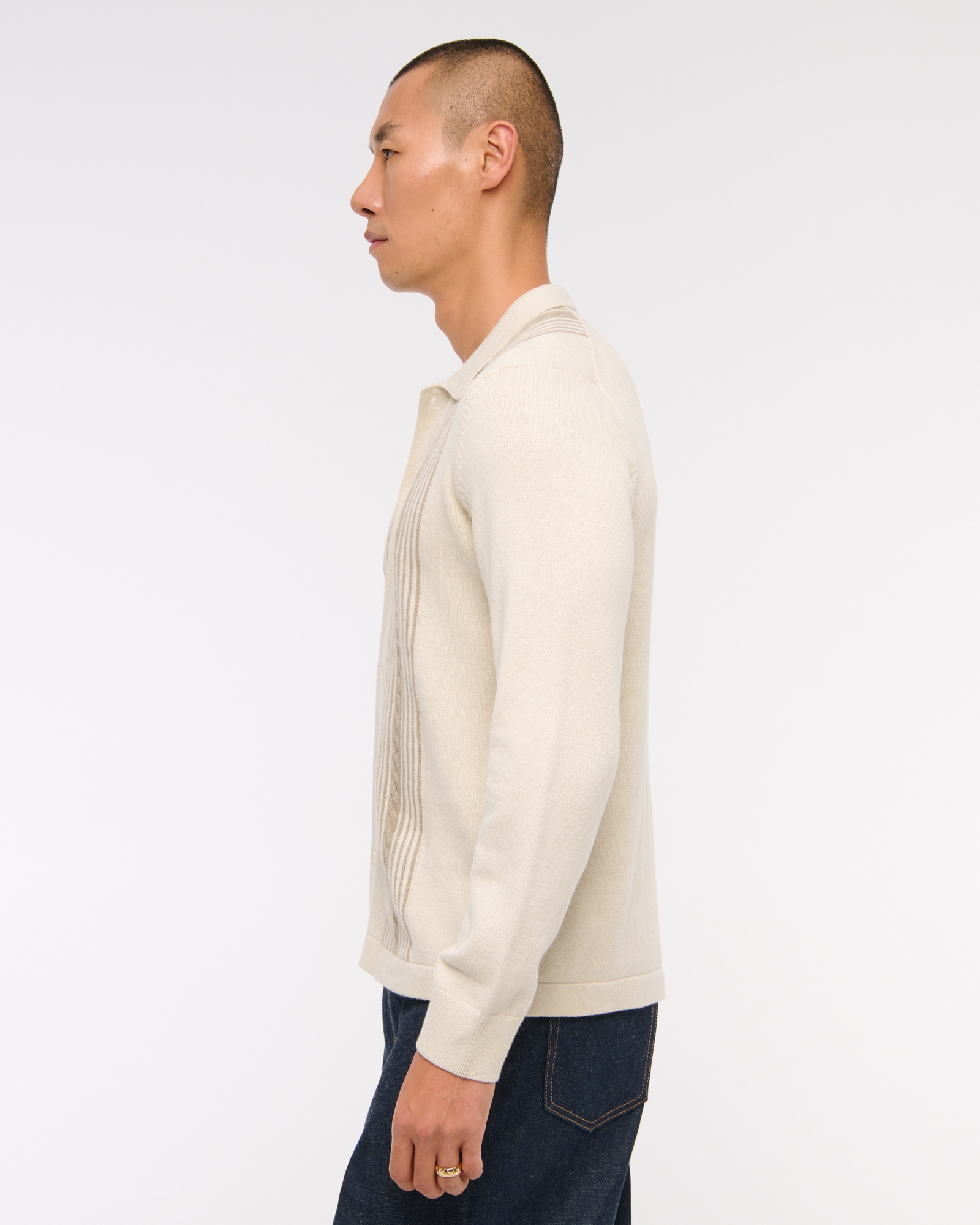 Long-Sleeve Striped Button-Through Sweater Polo