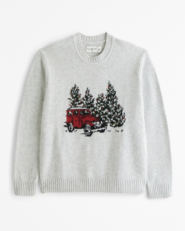 Holiday Graphic Crew Sweater, Light Heather Gray