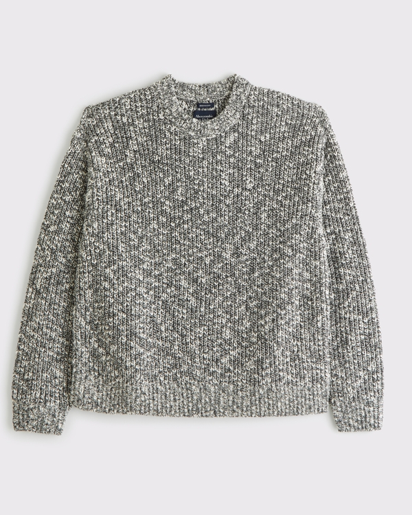 Oversized Textural Marled Crew Sweater, Light Gray Pattern