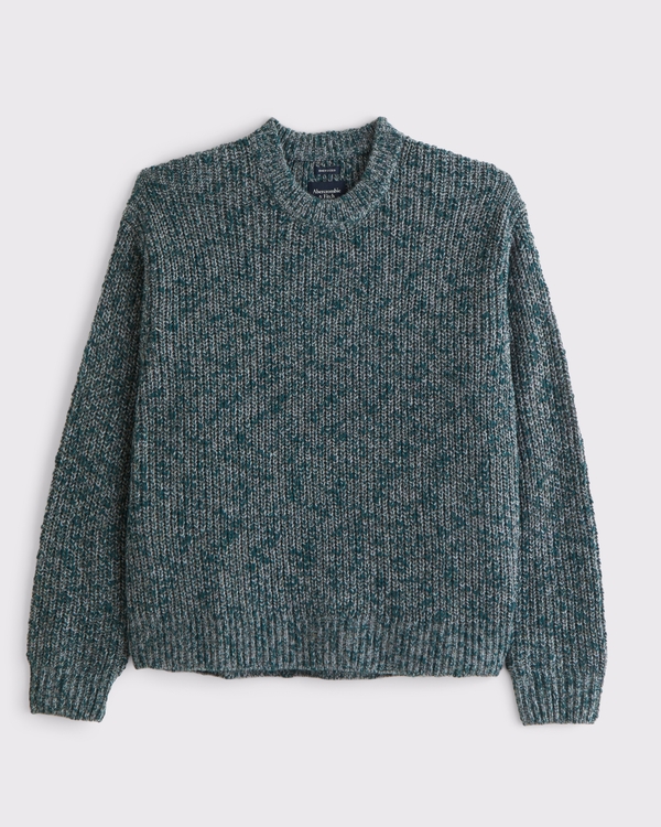 Oversized Textural Marled Crew Sweater, Olive Green Pattern